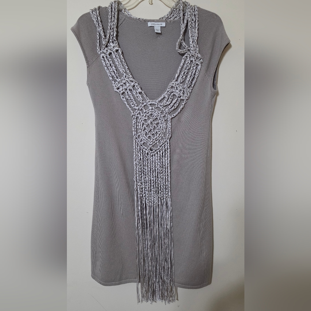 Boston Proper Small Sleeveless Taupe Knit Dress with Crochet Fringe Accent
